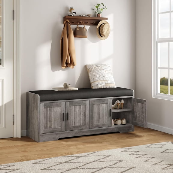 CuisinSmart 45" Entryway Storage Bench with 4 Doors, 2" Thick Cushioned Shoe Bench, Adjustable Shelf MDF Cabinet Bench for Hallway Bedroom Living Room