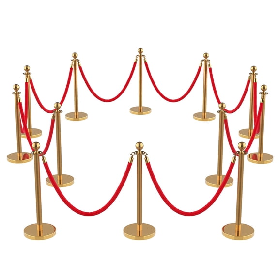 CuisinSmart Gold Stanchion Set,12 Pcs Crowd Control Barriers with Velvet Rope, Stainless Steel Queue Post with Hollow Base for Wedding, Event, Hotel & Party