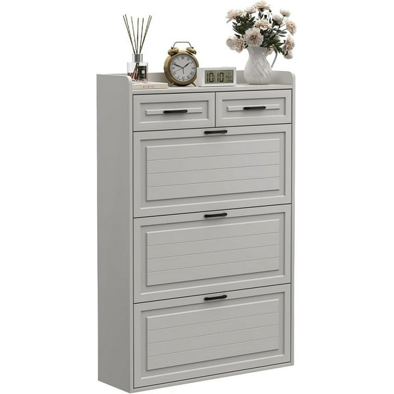 CuisinSmart Shoe Cabinet with 3 Flip Drawers and 2 Storage Drawers, Easy to Store 18-24 Pairs of Shoes, Adjustable & Removable Panel, Shoe Storage Cabinet for Entryway, Hallway, White