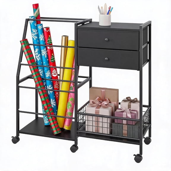 CuisinSmart Wrapping Paper Storage Cart, Rolling Gift Wrap Organizer with 2 Fabric Drawers, Metal Craft Storage Cart for Wrapping Rolls, Ribbons, Gift Bags, Holiday Craft Supplies