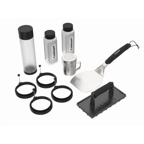 Cuisinart 10 Piece Griddle Tool Set, Stainless Steel Spatula, Cast Iron Burger Press, Squeeze Bottles, Seasoning Shaker, Silicone Egg Rings
