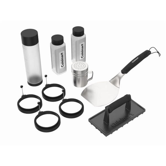 Cuisinart 10 Piece Griddle Tool Set, Stainless Steel Spatula, Cast Iron Burger Press, Squeeze Bottles, Seasoning Shaker, Silicone Egg Rings
