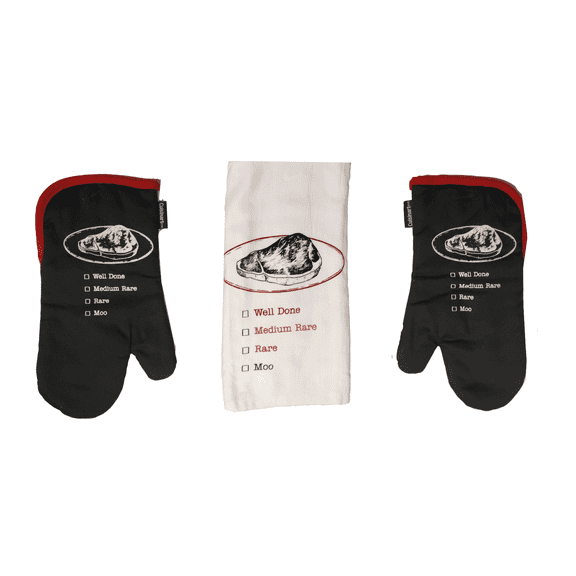 Cuisinart 3 Piece Kitchen Set, Steak Grilling Theme,  2 Oven Mitt Gloves, 1 Cotton Kitchen Towel, Black / Red