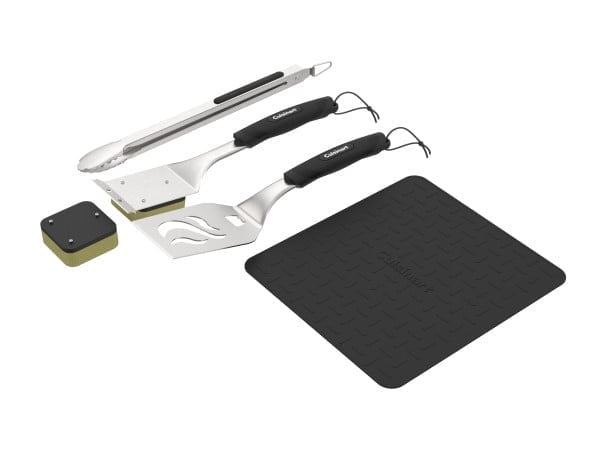 Cuisinart 5-Piece Stainless Steel Grill Tool Set, Bristle Free Grill Brush, Stainless Steel Locking Tongs, Spatula, and Silicone Mat, Durable BBQ Tools for Outdoor Cooking