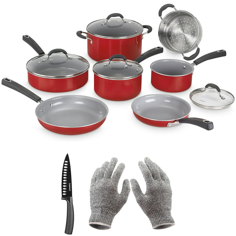 Cuisinart 11pc Ceramic Nonstick XT Cookware - Red Nonstick Cookware Set - Black 54C-11R