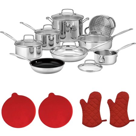 Cuisinart 77-14N Chef's Classic 14-Piece Set, Stainless Steel + 2x Red Oven Mitt + 2x Red Silicon Trivet