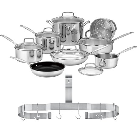 Cuisinart 77-14N Chef's Classic Stainless 14-Piece Set Stainless Steel Bundle with Cuisinart Wall Mounted Oval Cookware Rack Stainless Steel