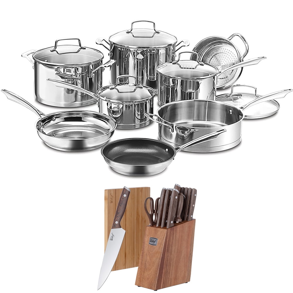 Cuisinart FCT-13 French Classic Tri-Ply Stainless 13-Piece Cookware Set  Bundle with Deco Chef 16 Piece Kitchen Knife Set with Wedge Handles,  Shears, Block, and Cutting Board 