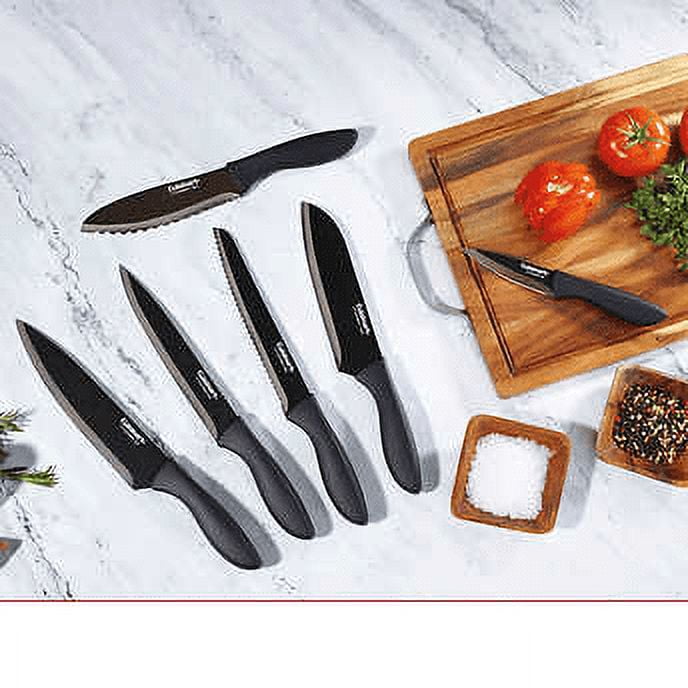 Cuisinart Kitchen Knife Black 6 set , with Matching Blade Protective  Sheath, Scratch Resistant & Rust Proof, High Carbon Stainless Steel, TPR  Coating Handle，in Gift Box 