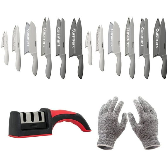 Cuisinart C55-12PCG Advantage 12-Piece Gray Knife Set with Blade Guards (2-Pack) Bundle with Deco Gear Kitchen Safety Cut Resistant Gloves and Deco Essentials 3 Slot Manual Knife Sharpener