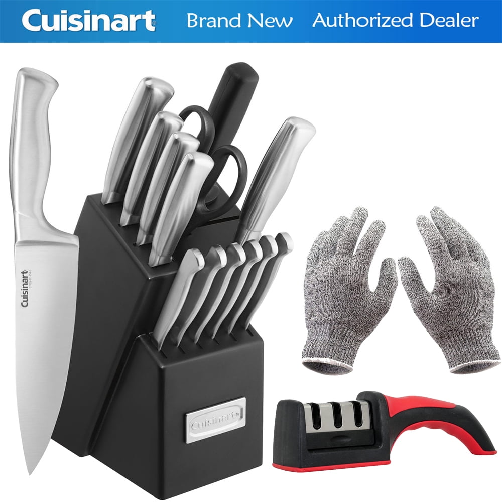 Cuisinart C77SS-15PK Stainless Steel Hollow Handle 15-Pcs Cutlery Knife Set  Bundle with Deco Essential 3 Slot Manual Knife Sharpener + Deco Gear Food  Grade Kitchen Safety Cut Resistant Fit Gloves 