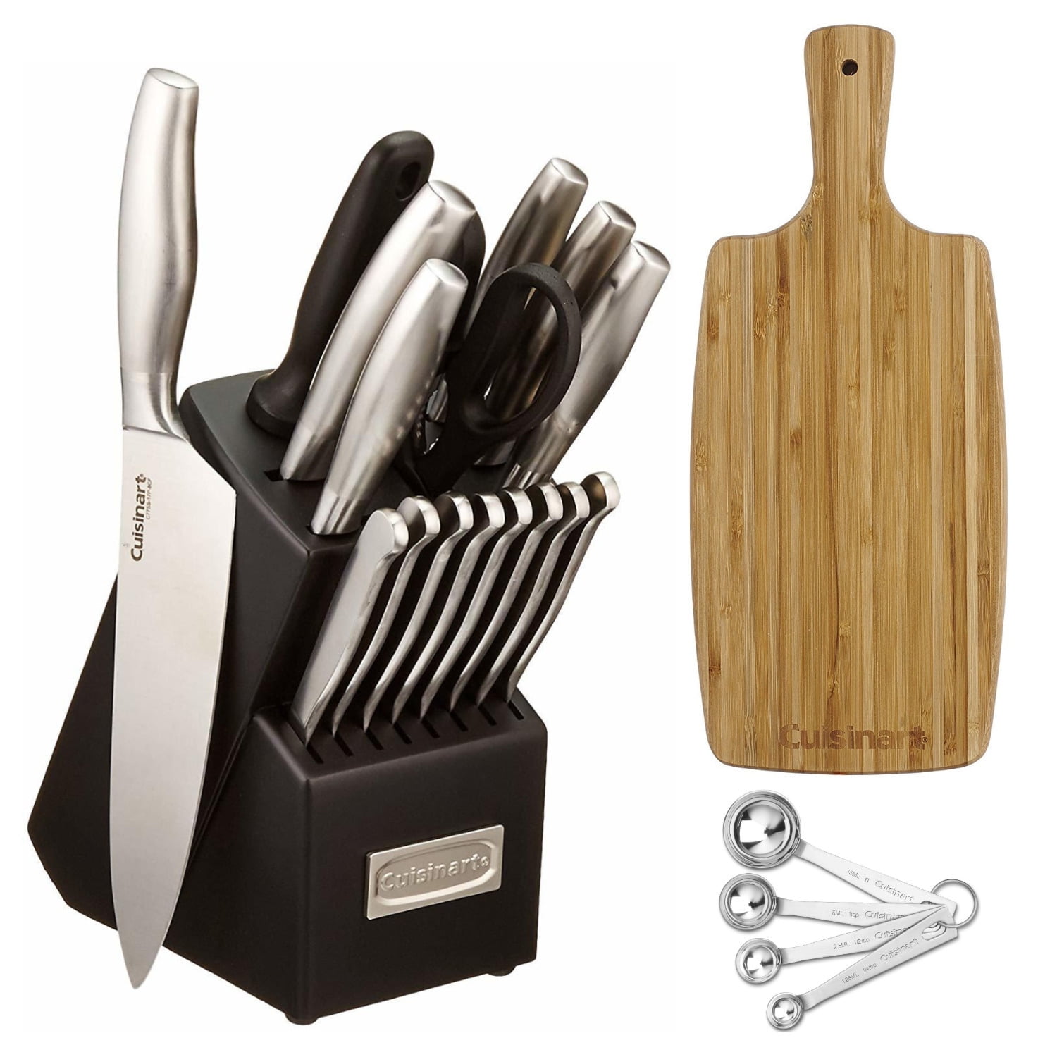 Cuisinart C77SS-17P 17-Piece Artiste Collection Cutlery Knife Block Set,  Stainless Steel (2-Pack) Bundle with Deco Essentials 3 Slot Knife Sharpener  and Deco Gear Kitchen Safety Cut Resistant Gloves 