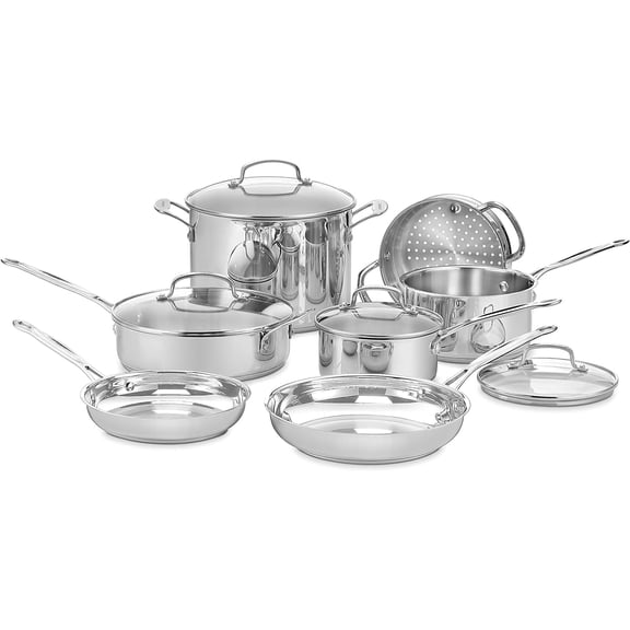 Cuisinart Chefs Classic 11-Piece Stainless Steel Pots and Pans Set, Cookware Set Compatible with Induction, Electric, Gas Cooktops, Aluminum Core for Even Heat, Cool Grip Handles, Dishwasher Safe
