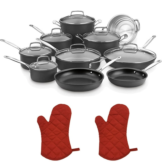 Cuisinart Chef's Classic Non-Stick Hard Anodized, 17 Piece Set, Black (66-17N) with 2x Deco Gear Red Oven Mitt