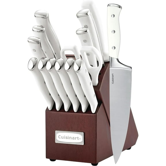 Cuisinart 15-Piece Knife Set with Block, High Carbon Stainless Steel, Forged Triple Rivet, White/Cherry C77WTR-15PCW