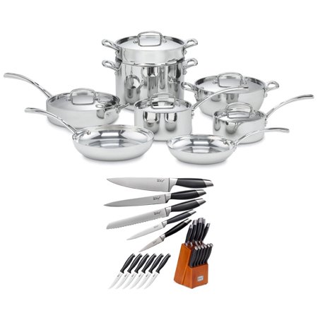 Cuisinart FCT-13 French Classic Tri-Ply Stainless 13-Piece Cookware Set Bundle with Deco Chef Gourmet 12 Piece Stainless Steel Knife Set with Storage Block Full Tang Design