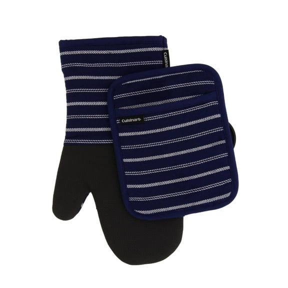 Cuisinart Kitchen Oven Mitt/Glove & Rectangle Potholder with Pocket Set w/Neoprene for Easy Gripping, Heat Resistant up to 500 degrees F, Twill Stripe- Navy Aura