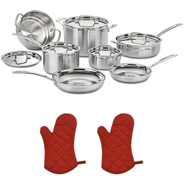 Cuisinart (MCP-12N) Multiclad Pro Tri-Ply Stainless Steel 12-Piece Cookware  Set with 2x Red Oven Mitt