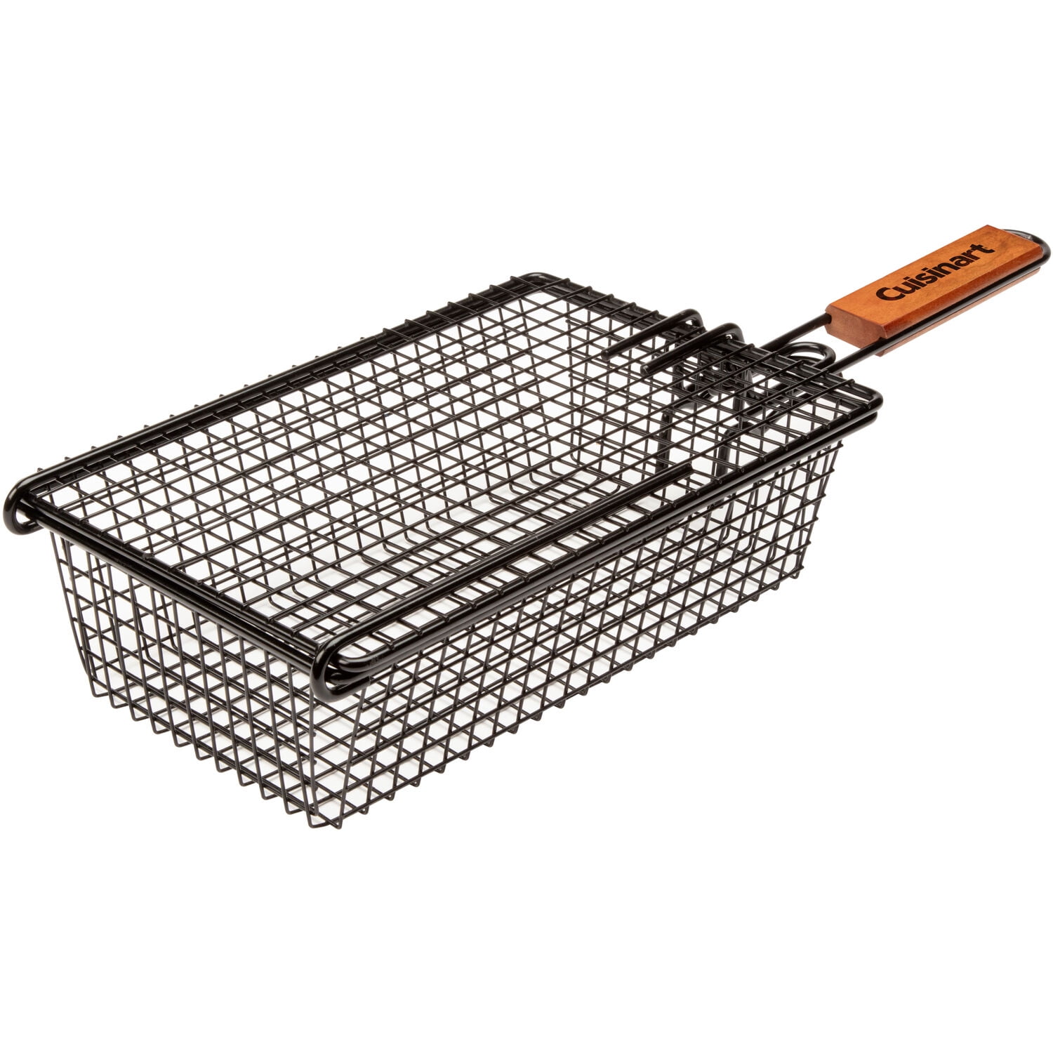 Black Non-Stick Rectangular Grilling Basket with Wooden Handle