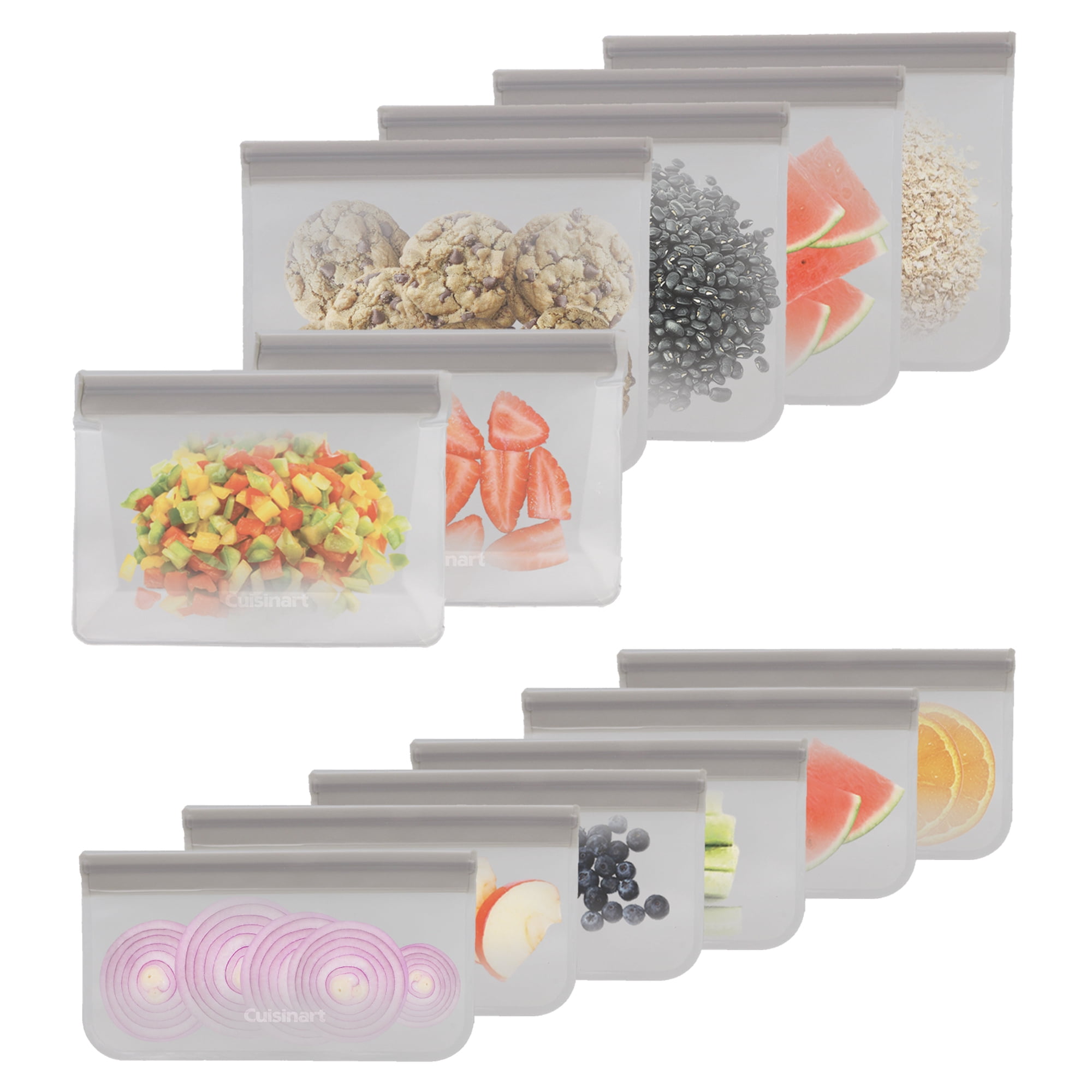 Cuisinart Reusable BPA-Free Silicone Food Storage Bags, 12pk, Grey, Small, Medium, & Large