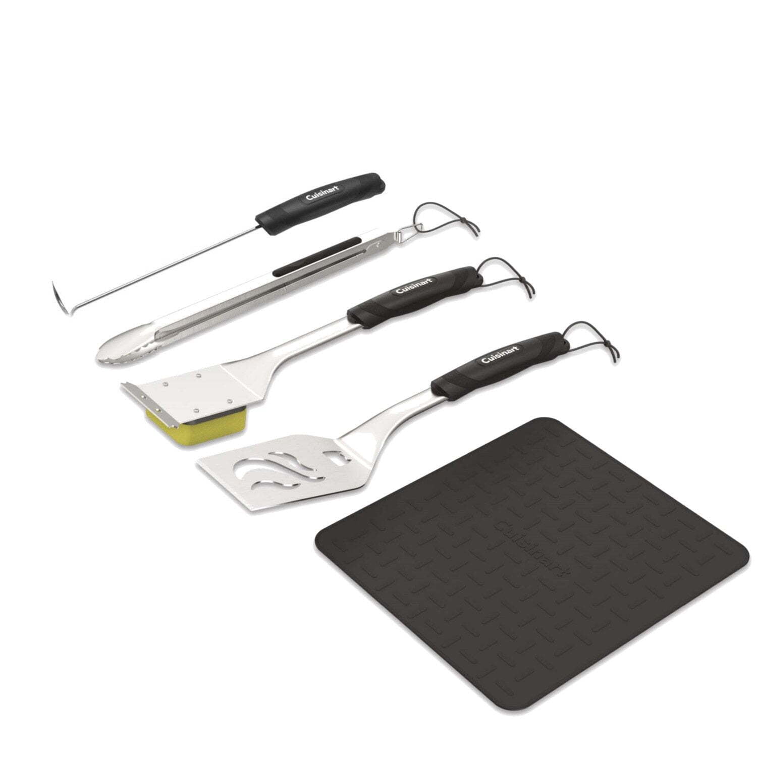 Cuisinart Stainless Steel Grill Tool Set, 5-Piece (Spatula, Locking Tongs, Meat Hook, Cleaning Brush, Silicone Mat)