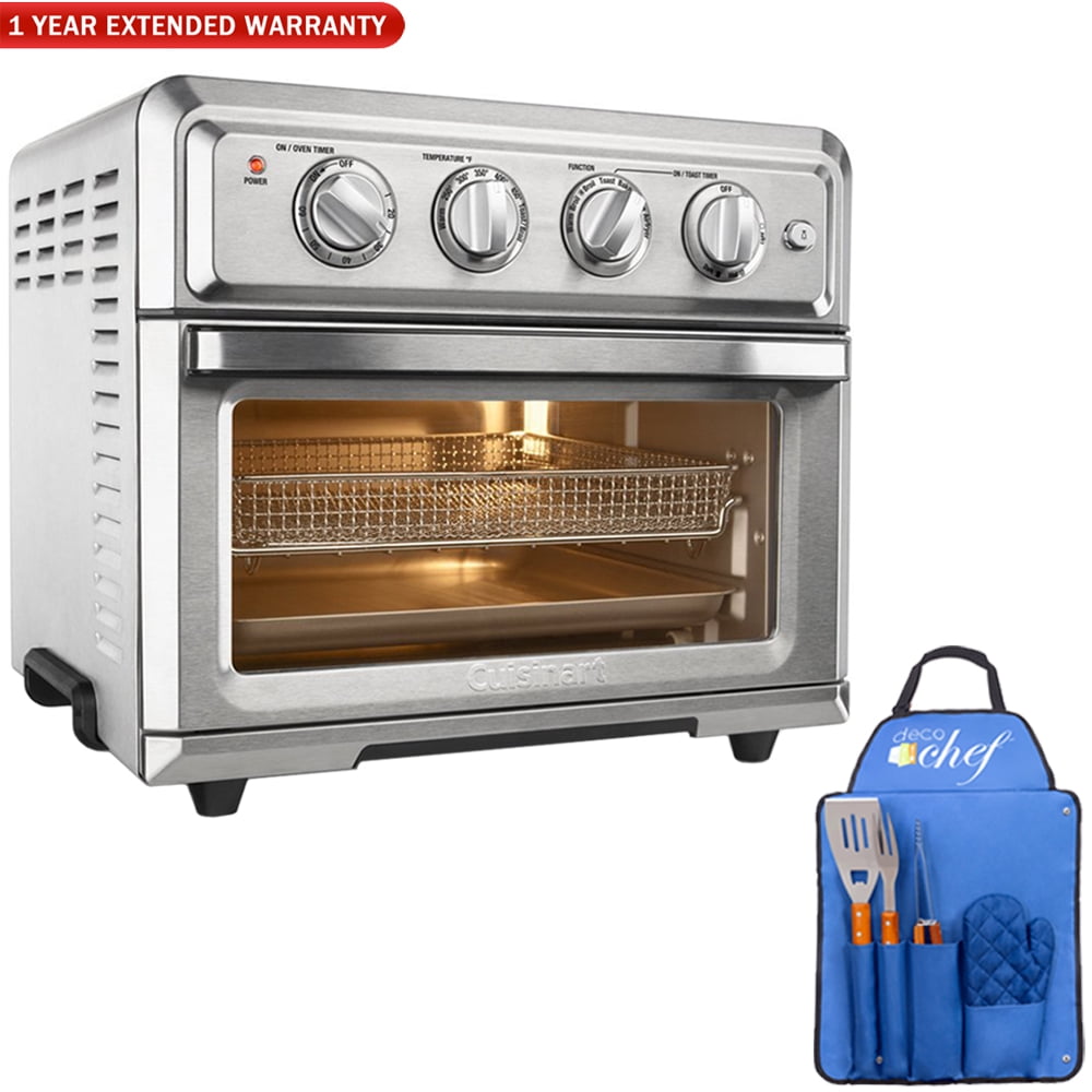 Cuisinart TOA 60 Convection Toaster Oven Air Fryer with Light Silver 3 Piece BBQ Tool Set with Custom Blue Apron Spatula Tongs Fork and Oven