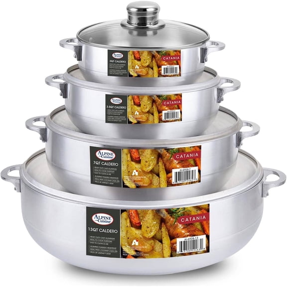 Cuisine 8-Piece Nonstick Aluminum Caldero Set with Glass Lids Versatile Pots for Stews, Rice & Soups in 2,3.5,7,13 Quart Sizes