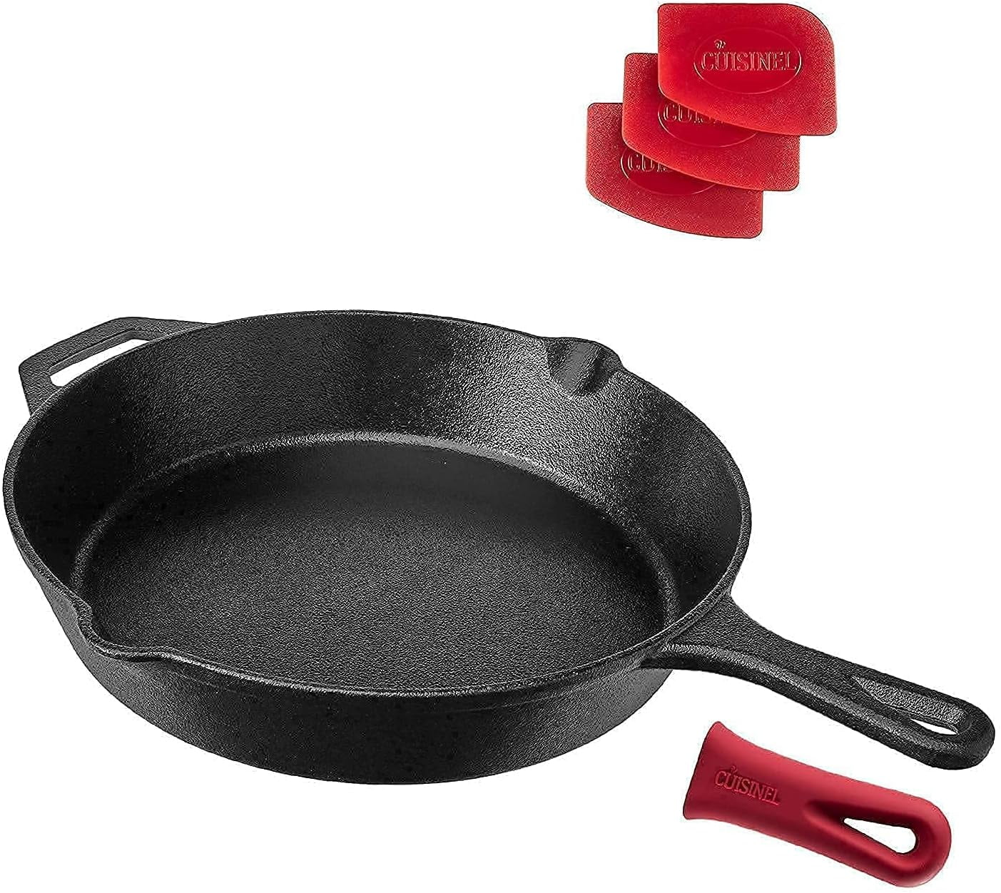 Cuisinel 12” Cast Iron Skillet with Silicone Handle Holder and Pan Scraper