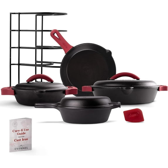 Cuisinel 16-Pc Cast Iron Cookware Set Skillet, Dutch Oven, with Pan Rack & Pan Scraper
