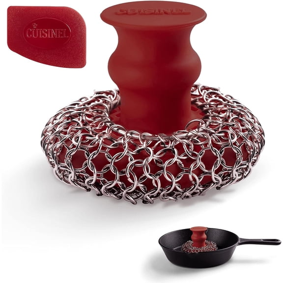 Cuisinel 2-Pc Cast Iron Cleaning Kit Chain Mail Grill Scrubber, Pan Scraper & Brush