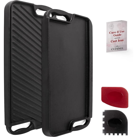 Cuisinel 20” x 10” Reversible Cast Iron Grill Griddle Combo with Grill Press & Pan Scraper