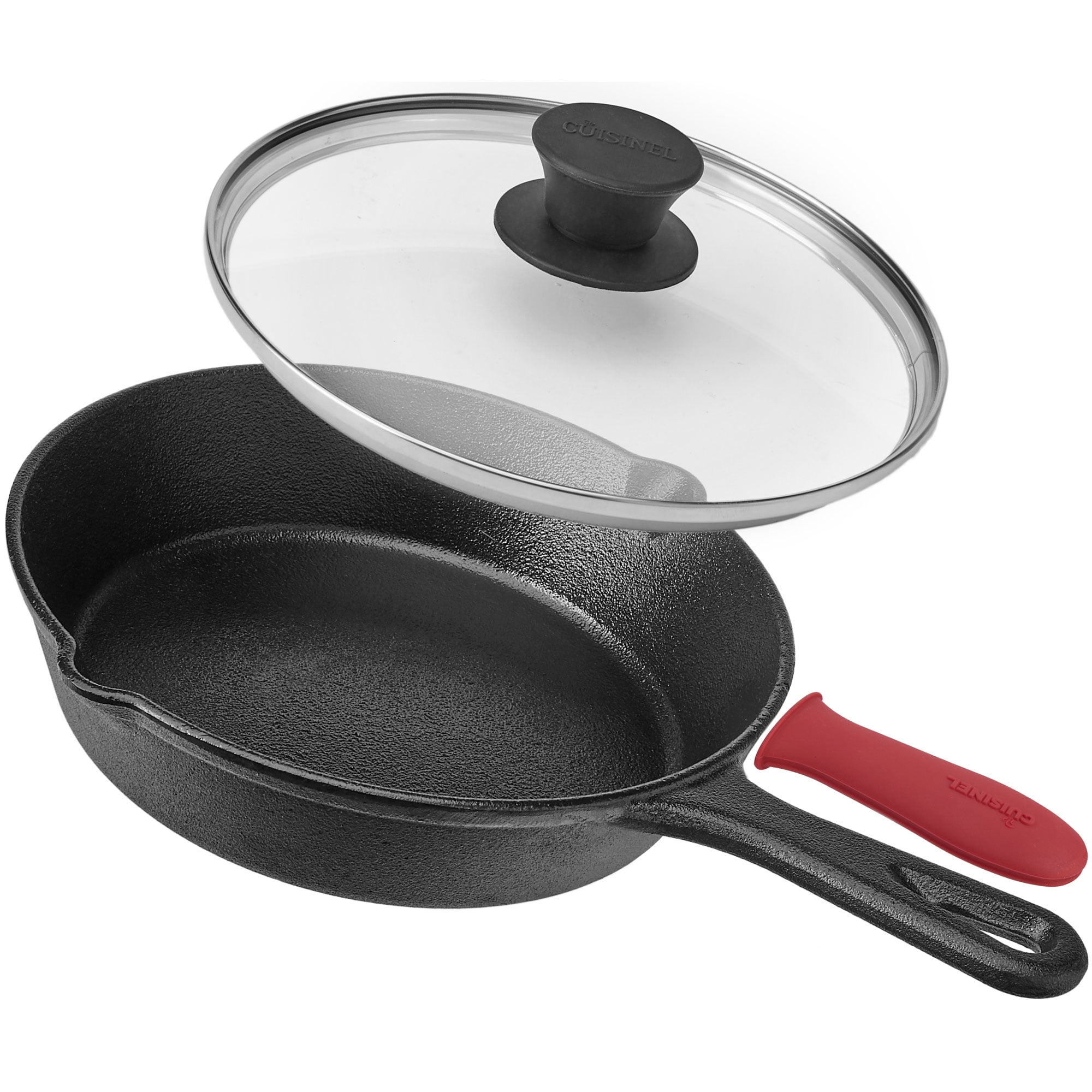 Cuisinel Cast Iron Skillet with Lid - 8-inch Pre-Seasoned Covered Frying  Pan Set + Silicone Handle and Lid Holders + Scraper/Cleaner 