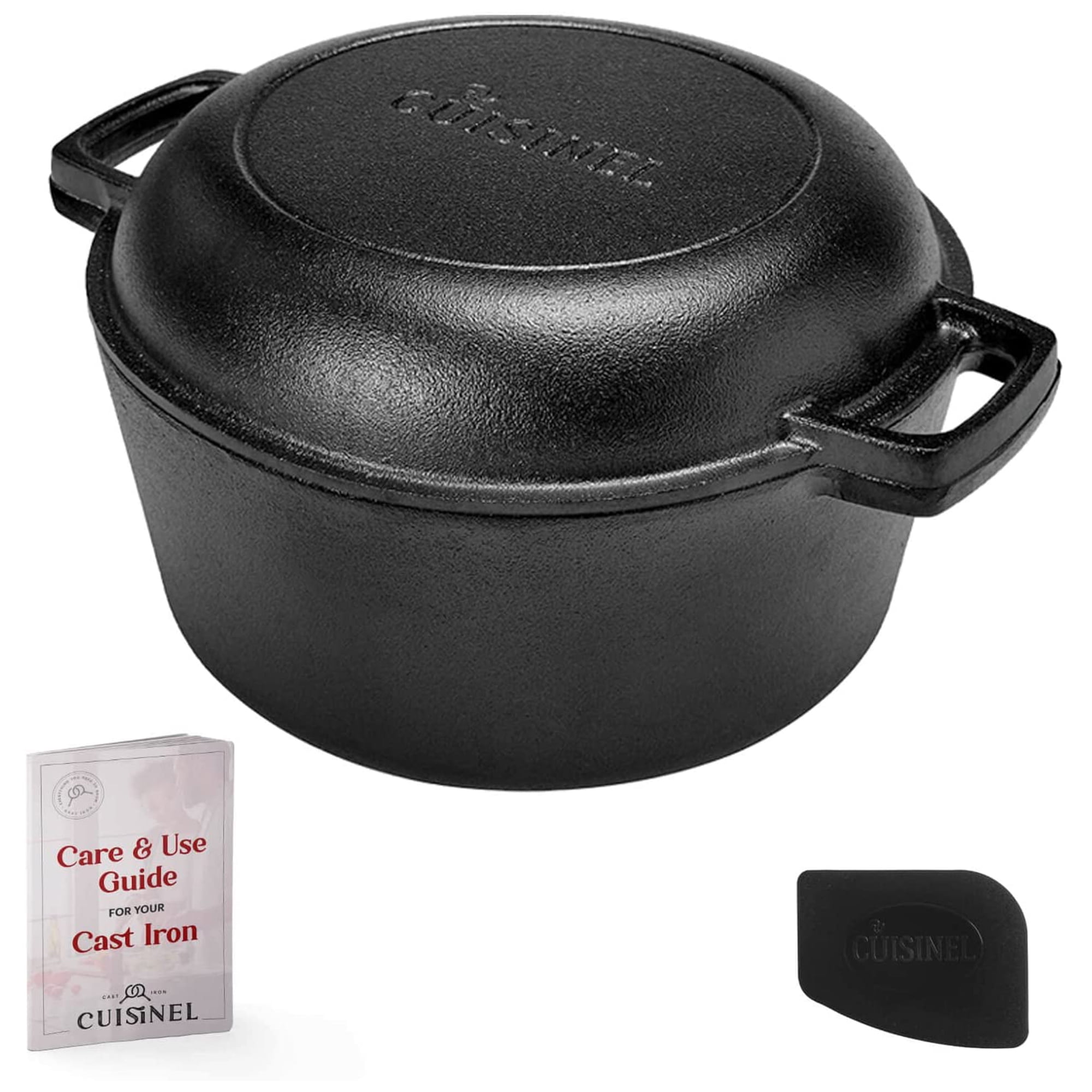 Cuisinel Cast Iron Dutch Oven - 5-Quart Deep Pot - Preseasoned 2-in-1  Multi-Cooker - Combo Lid Doubles as 10-inch Skillet Frying Pan + Silicone