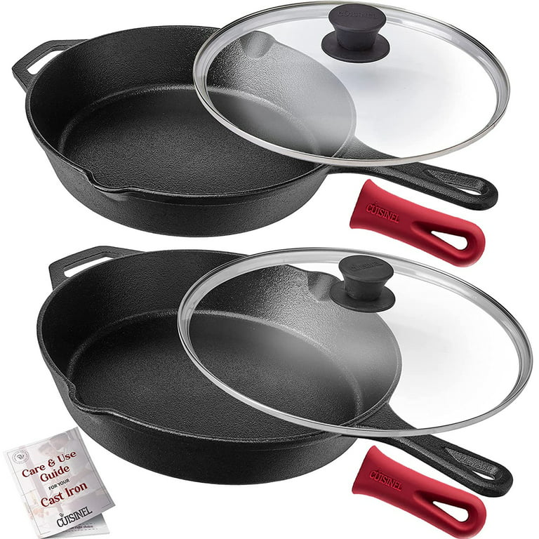  Cuisinel Cast Iron Skillets Set - 6+8+10+12-Inch + Glass Lids  + Silicone Handle Holder Cover Grips - Pre-Seasoned Frying Pan - Oven Safe  Cookware - Indoor/Outdoor Use - Grill, Stovetop, Fire