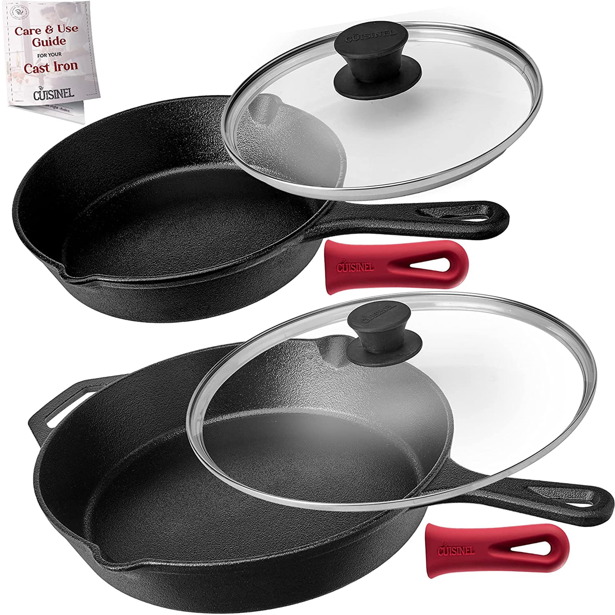 Cuisinel Cast Iron Skillet with Lid Set of 2 Kitchen Cookware Pre-Seasoned  8” and 12 