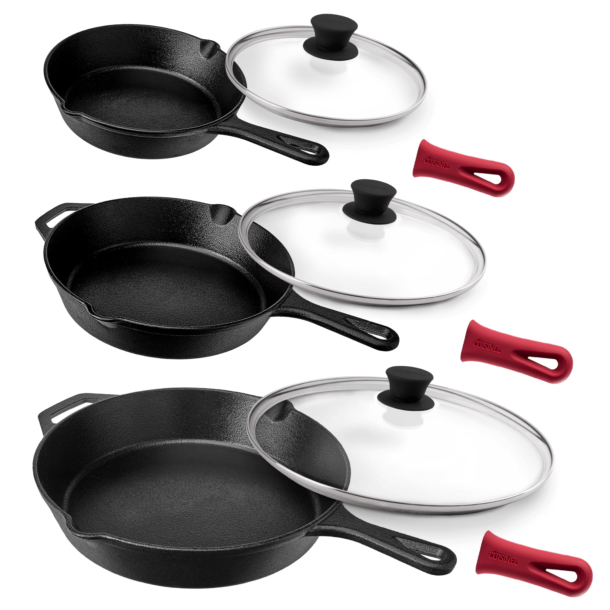 Cuisinel Cast Iron Skillet with Lid Set of 3 Kitchen Cookware Pre