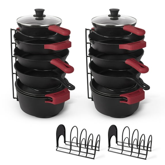 Cuisinel Pots and Pans Organizer 15" Heavy Duty Skillet Rack 2-Tier Pot Rack & Cooking Utensil Bar