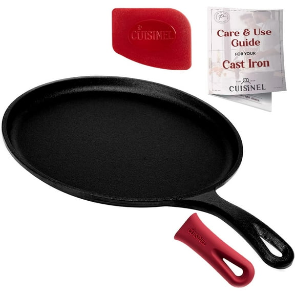 Cuisinel Pre-Seasoned Round Cast Iron Griddle with Silicone Handle Cover, 10.5"