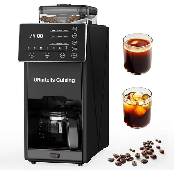 Cuising Coffee Maker with Grinder, Programmable Hot and Cold Coffee Maker with 22 oz Glass Carafe, Fully Automatic Coffee Machine with Timer, Removable Filter, Black Americano Coffee Machine
