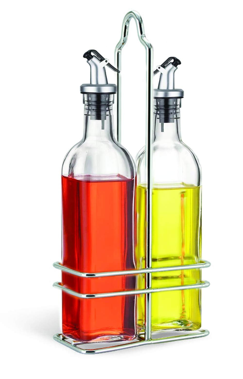 Glass Oil and Vinegar Cruet Set with Metal Caddy