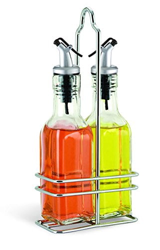 Glass Oil and Vinegar Cruet Set with Metal Caddy