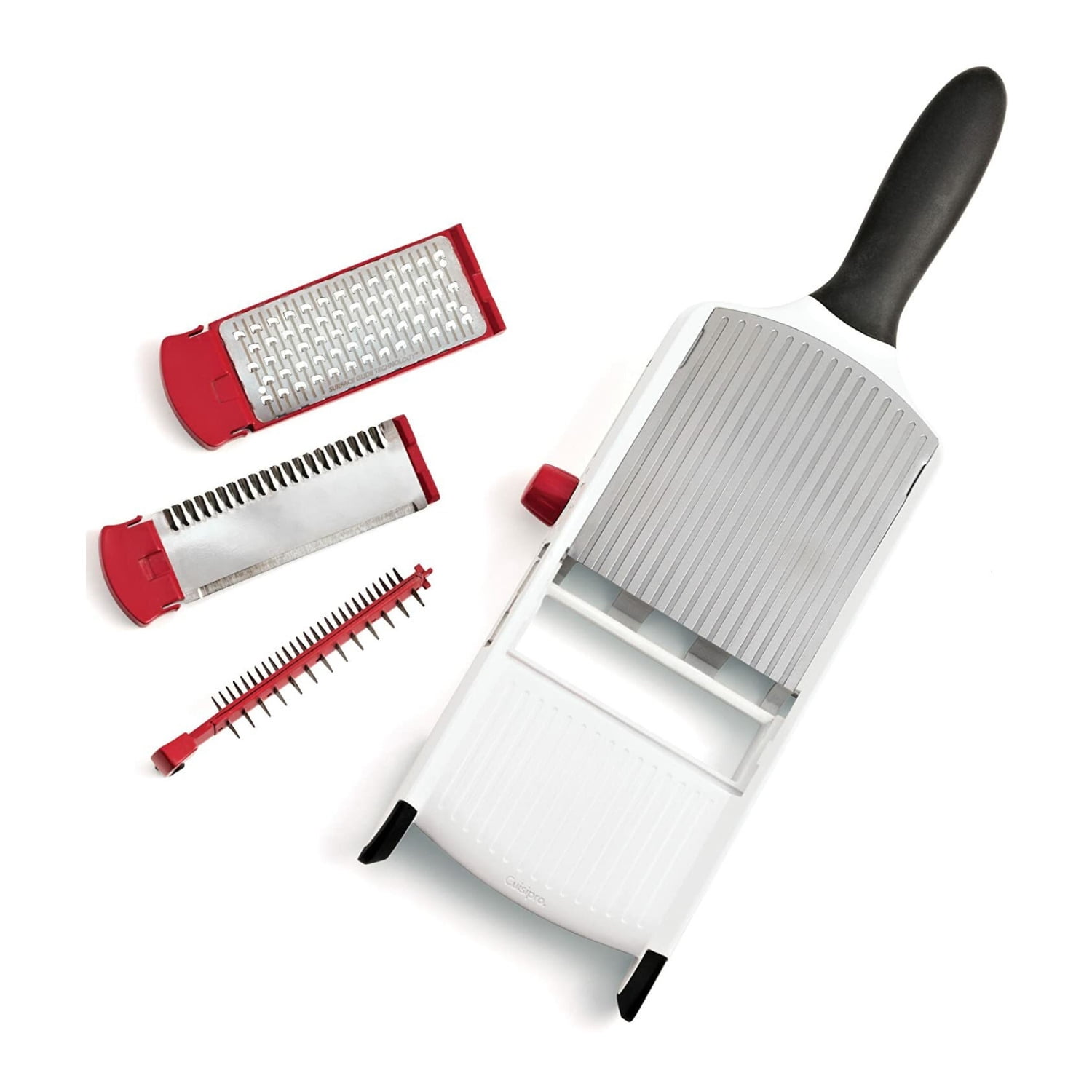 Adjustable White and Red Handheld Mandoline with 7 Blades