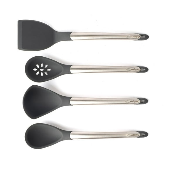 Cuisipro Silicone Tool Set- 12.2" Ladle, 12.4" Turner, 12" Spoon & 12" Slotted Spoon Gray