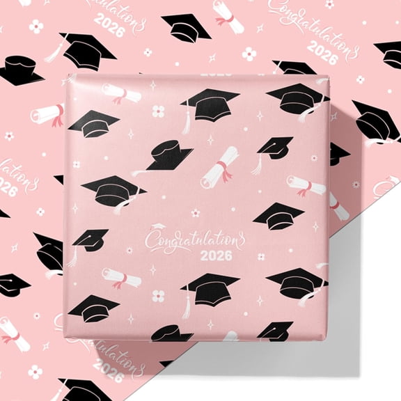 Cuitpan 2026 Graduation Wrapping Paper - 4 Jumbo Sheets,28x40 Inches, Pink Cap & White Diploma Design, Gift Wrap for Graduates, Parties, Seniors, School Events