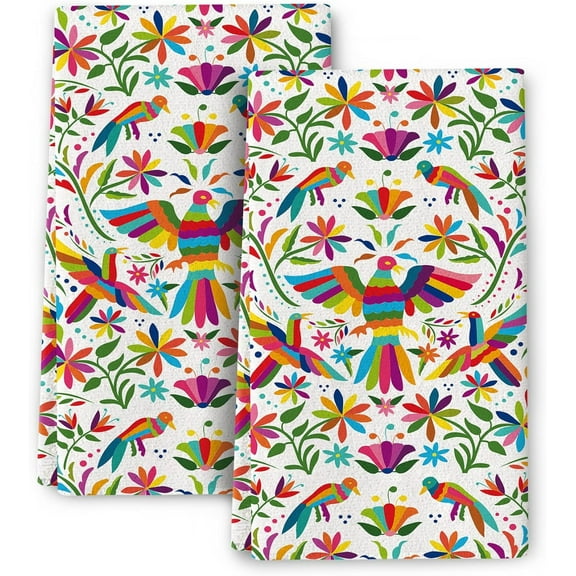 Colorful Mexican Traditional Bird Flower Kitchen Towels Decorative Set of 2, Soft Absorbent Dish Towels Boho Hand Towels for Kitchen Farmhouse Holiday Home Decorations
