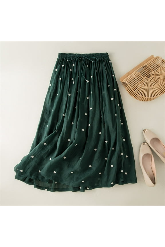 Cukeondy Green Skirts for Women Linen Flowy Casual A Line High Elastic Waisted Ankle Length Midi Skirts Maxi Skirt