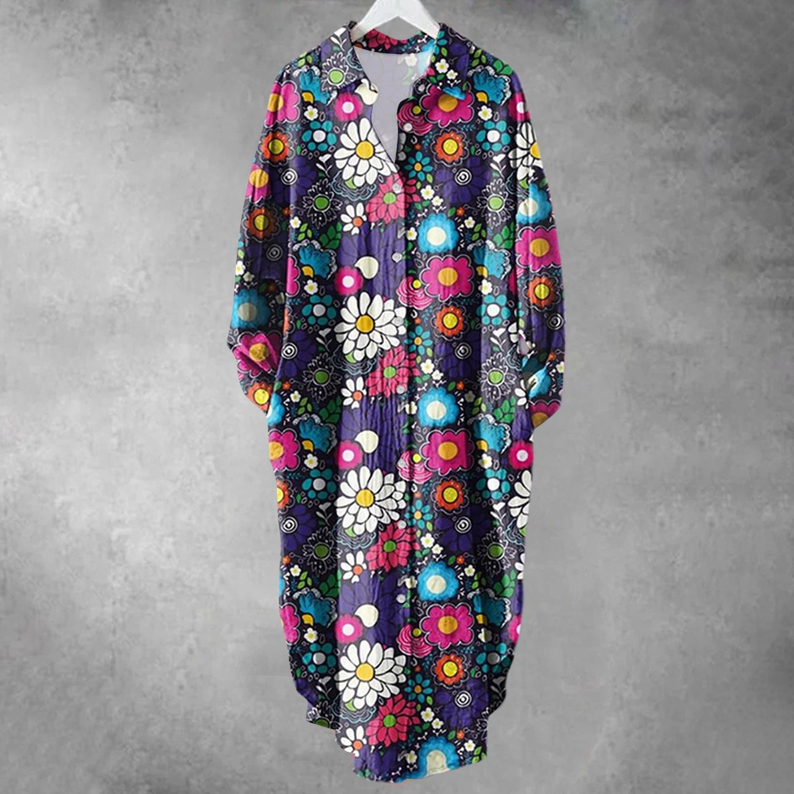 Cukeondy Womens Dresses Ladies Lapel Long Sleeve Pockets Floral Art