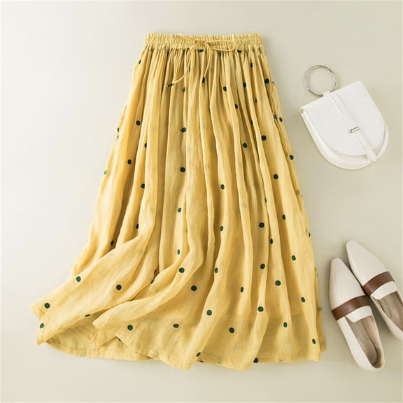 Cukeondy Yellow Skirts for Women Linen Flowy Casual A Line High Elastic Waisted Ankle Length Midi Skirts Maxi Skirt