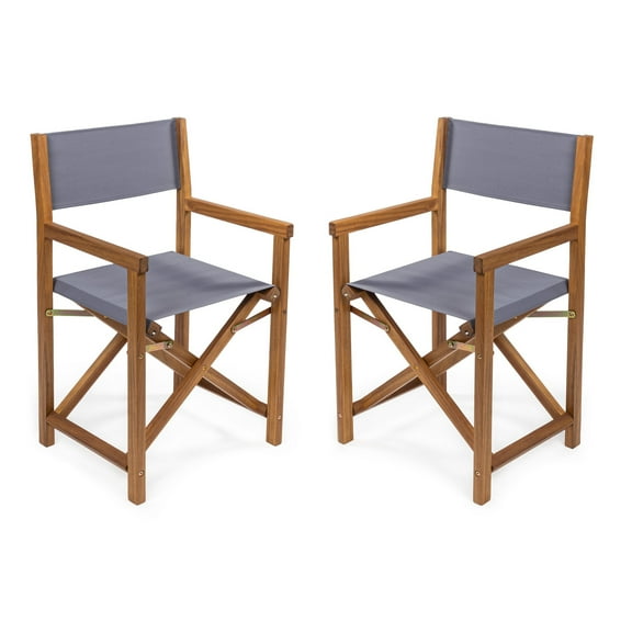 Cukor Classic Vintage Outdoor Acacia Wood Folding Director Chair with Canvas Seat, Gray/Teak Brown (Set of 2)