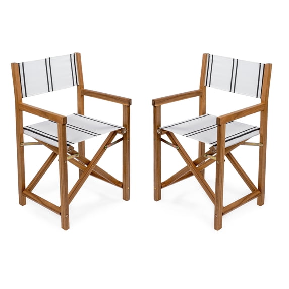 Cukor Classic Vintage Outdoor Acacia Wood Folding Director Chair with Canvas Seat, White/Black Stripe/Teak Brown (Set of 2)